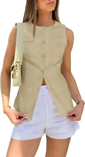 Cicy Bell Womens Round Neck Waistcoat Vest Summer Button up Vest Tops Casual Business Fitted Sleeveless Blazer