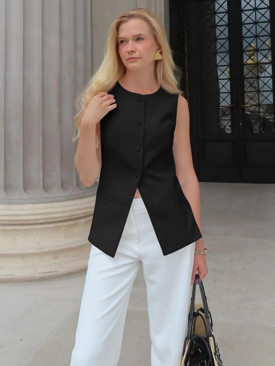 Cicy Bell Womens Round Neck Waistcoat Vest Summer Button up Vest Tops Casual Business Fitted Sleeveless Blazer