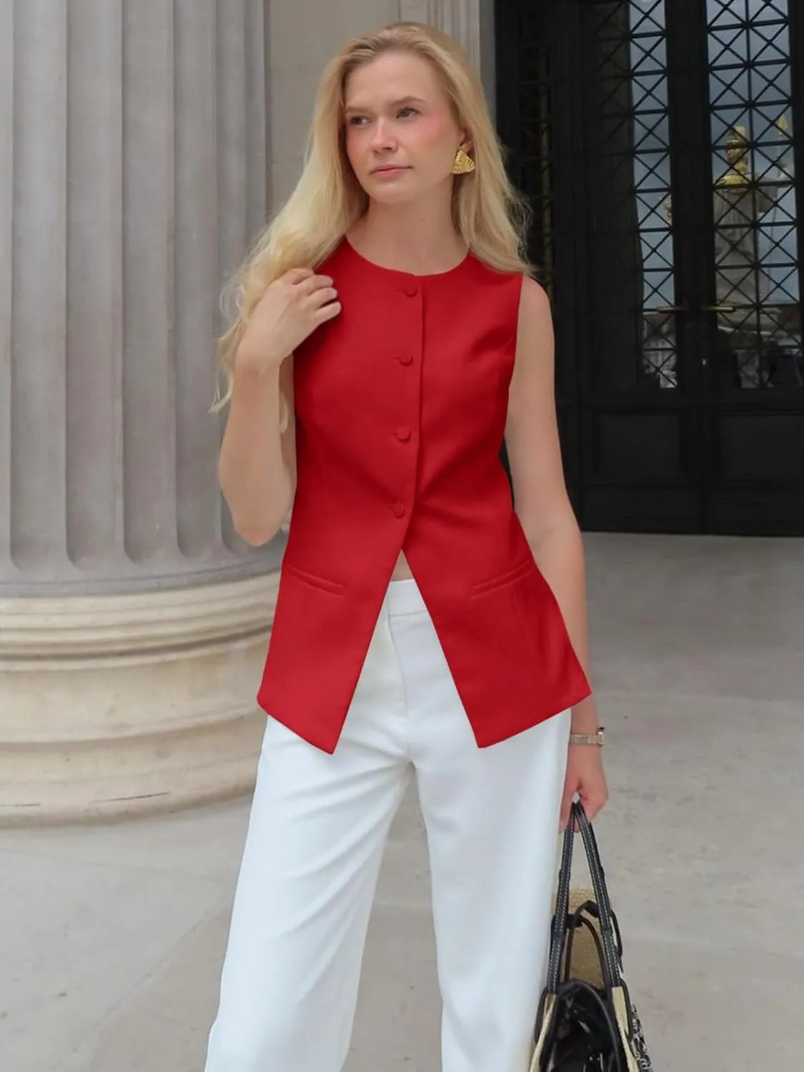 Cicy Bell Womens Round Neck Waistcoat Vest Summer Button up Vest Tops Casual Business Fitted Sleeveless Blazer