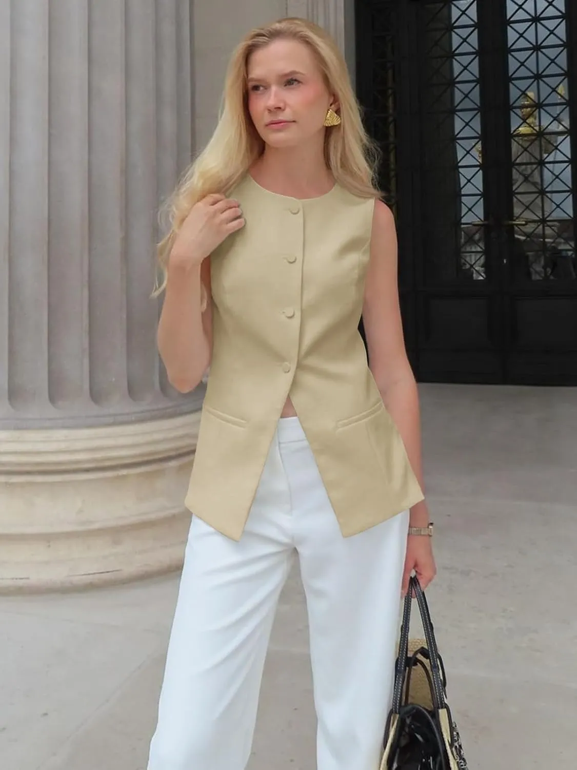 Cicy Bell Womens Round Neck Waistcoat Vest Summer Button up Vest Tops Casual Business Fitted Sleeveless Blazer