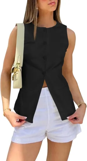 Cicy Bell Womens Round Neck Waistcoat Vest Summer Button up Vest Tops Casual Business Fitted Sleeveless Blazer