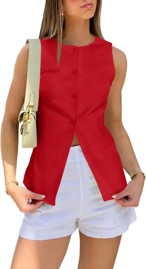 Cicy Bell Womens Round Neck Waistcoat Vest Summer Button up Vest Tops Casual Business Fitted Sleeveless Blazer