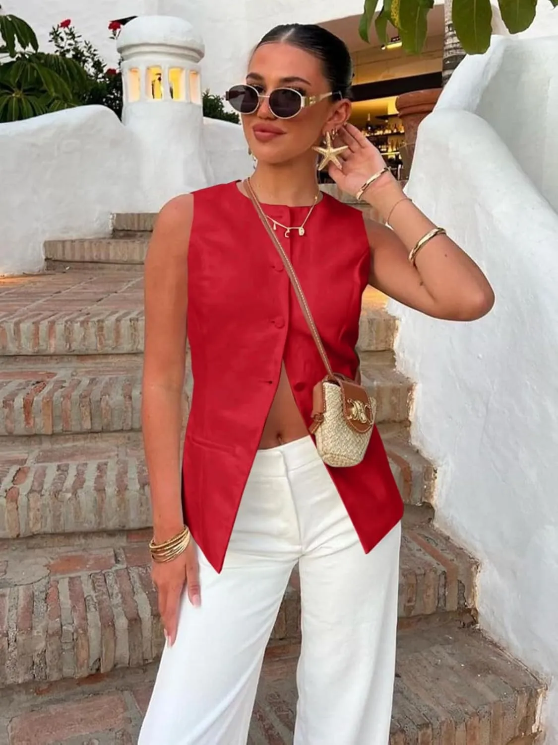 Cicy Bell Womens Round Neck Waistcoat Vest Summer Button up Vest Tops Casual Business Fitted Sleeveless Blazer