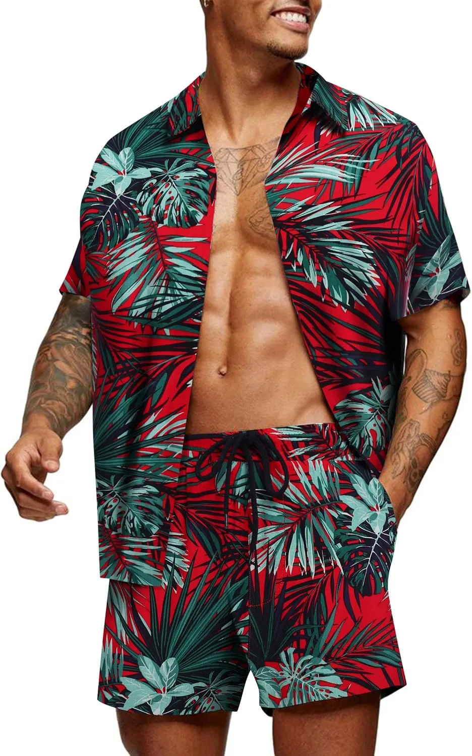 COOFANDY Men's Hawaiian Matching Set Summer Beach 2 Piece Outfits Flower Button Down Shirts and Shorts Vacation Outfits