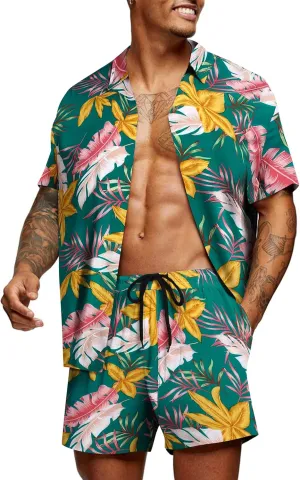 COOFANDY Men's Hawaiian Matching Set Summer Beach 2 Piece Outfits Flower Button Down Shirts and Shorts Vacation Outfits
