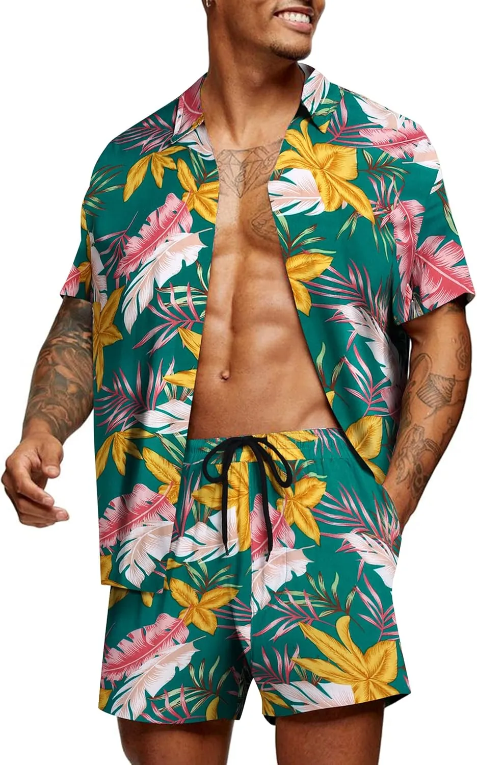 COOFANDY Men's Hawaiian Matching Set Summer Beach 2 Piece Outfits Flower Button Down Shirts and Shorts Vacation Outfits