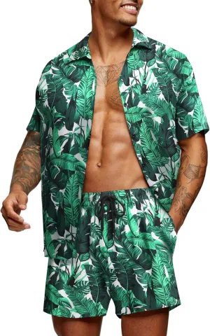COOFANDY Men's Hawaiian Matching Set Summer Beach 2 Piece Outfits Flower Button Down Shirts and Shorts Vacation Outfits