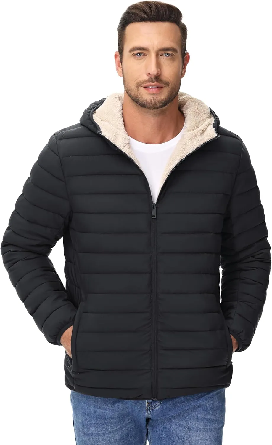 Cotrasen Mens Puffer Jacket Sherpa Lined Water Resistant Hooded Full Zip Mid-Weight Warm Insulated Winter Coat