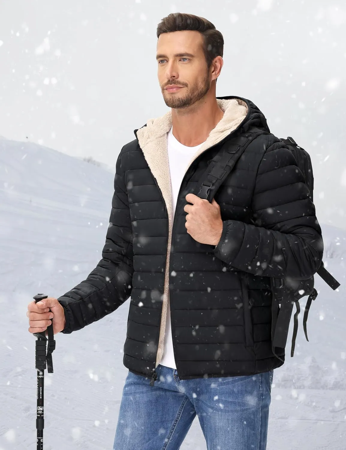 Cotrasen Mens Puffer Jacket Sherpa Lined Water Resistant Hooded Full Zip Mid-Weight Warm Insulated Winter Coat