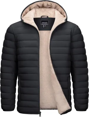 Cotrasen Mens Puffer Jacket Sherpa Lined Water Resistant Hooded Full Zip Mid-Weight Warm Insulated Winter Coat