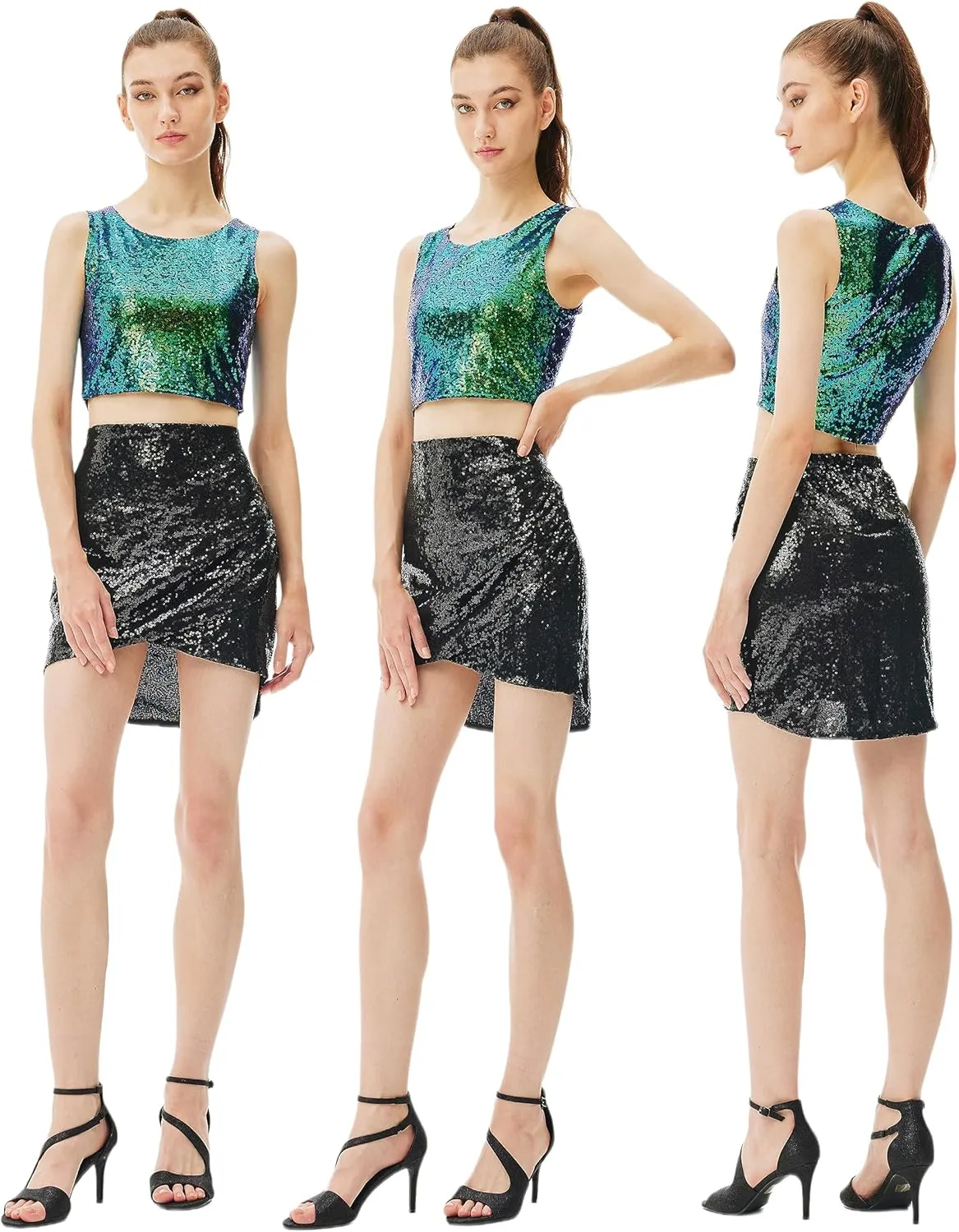 Coucoland Cropped Tank Top for Women - Womens Summer Sparkle Sequin Glitter Slimming Tops Camisole Trendy