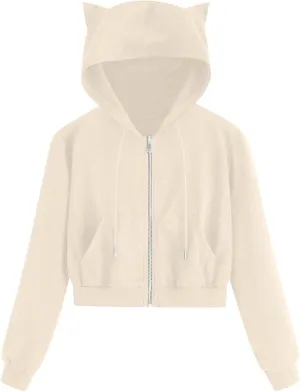 Cropped Zip Up Hoodies for Women Cute Cat Ear Hoodies Long Sleeve Sweatshirts Y2k Cat Hoodie for Women Clothes 2024