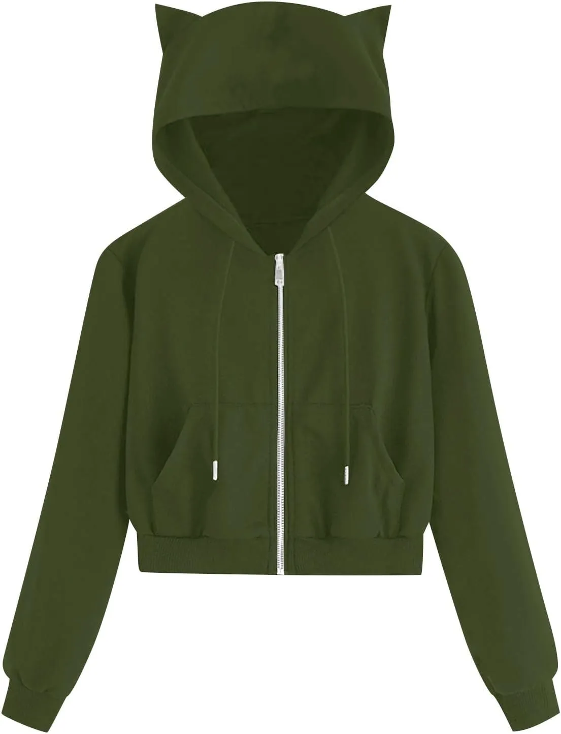 Cropped Zip Up Hoodies for Women Cute Cat Ear Hoodies Long Sleeve Sweatshirts Y2k Cat Hoodie for Women Clothes 2024