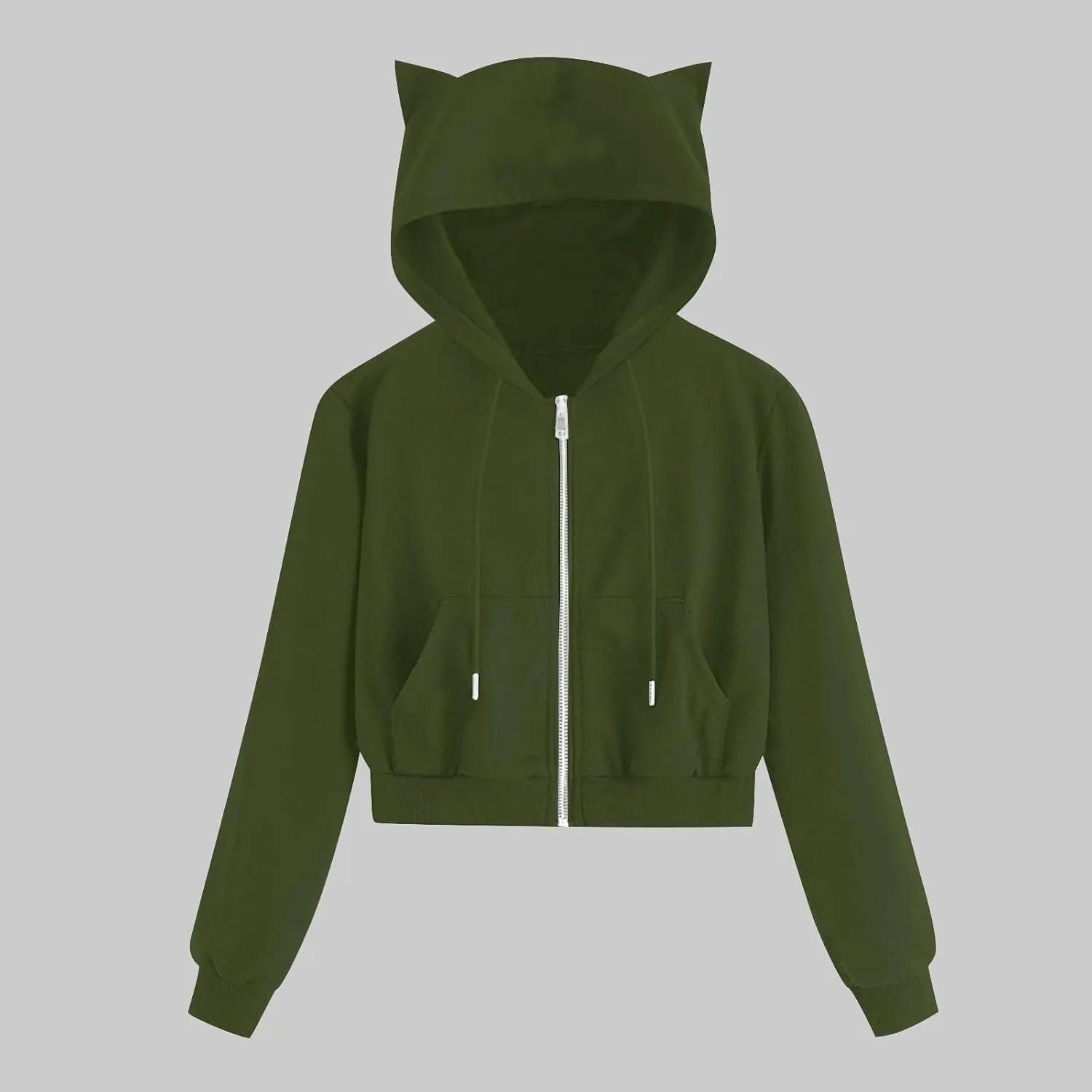 Cropped Zip Up Hoodies for Women Cute Cat Ear Hoodies Long Sleeve Sweatshirts Y2k Cat Hoodie for Women Clothes 2024