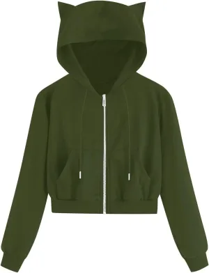 Cropped Zip Up Hoodies for Women Cute Cat Ear Hoodies Long Sleeve Sweatshirts Y2k Cat Hoodie for Women Clothes 2024