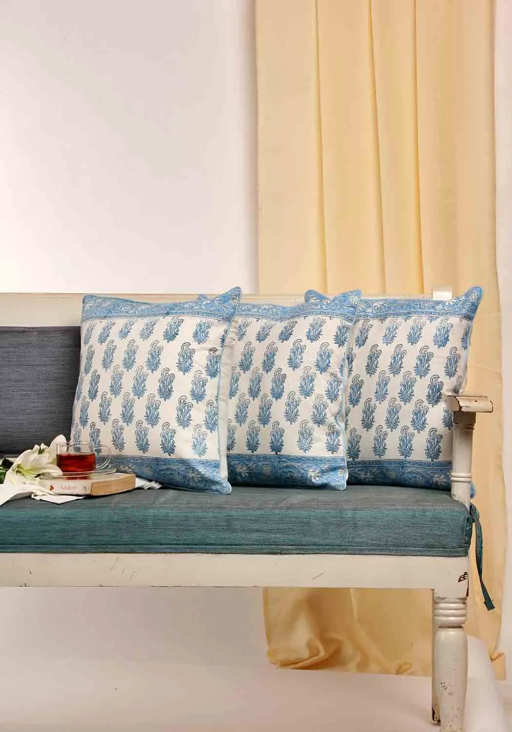 Cyan Melody Hand Block Print Cotton Cushion Cover
