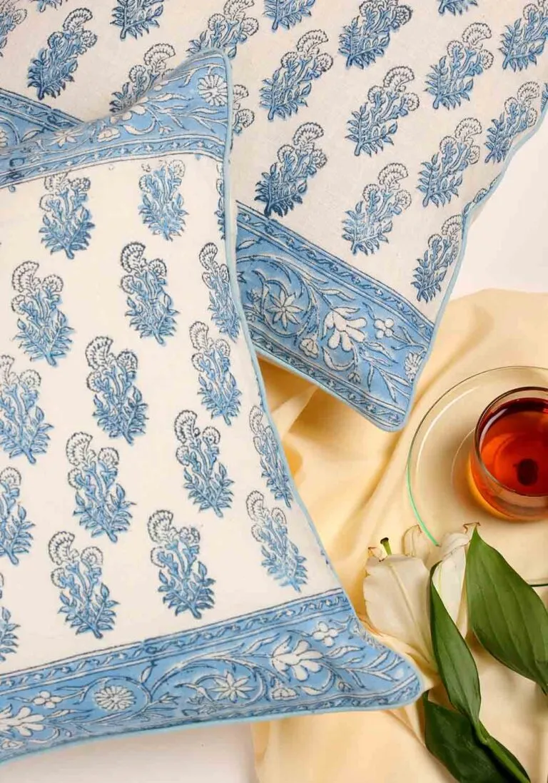 Cyan Melody Hand Block Print Cotton Cushion Cover