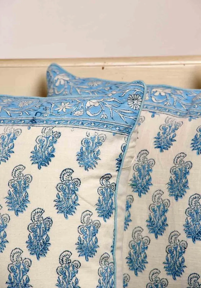 Cyan Melody Hand Block Print Cotton Cushion Cover