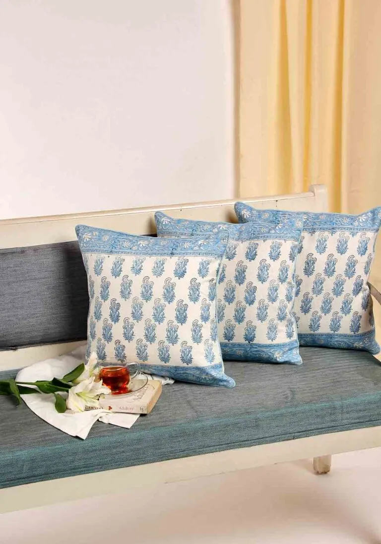Cyan Melody Hand Block Print Cotton Cushion Cover