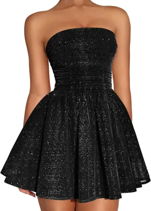 DAAWENXI Women's Sexy Strapless Mini Dress Sequin Ruched Bow Graduation Party Prom Short Dresses