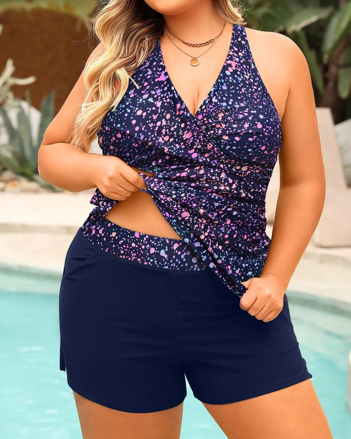 Daci Plus Size Tankini Swimsuit for Women - Two Piece Tummy Control Bathing Suit Tankini Top with Two Pockets Shorts