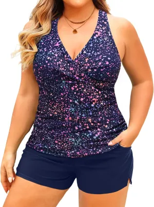 Daci Plus Size Tankini Swimsuit for Women - Two Piece Tummy Control Bathing Suit Tankini Top with Two Pockets Shorts