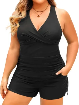 Daci Plus Size Tankini Swimsuit for Women - Two Piece Tummy Control Bathing Suit Tankini Top with Two Pockets Shorts