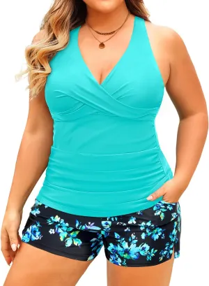 Daci Plus Size Tankini Swimsuit for Women - Two Piece Tummy Control Bathing Suit Tankini Top with Two Pockets Shorts