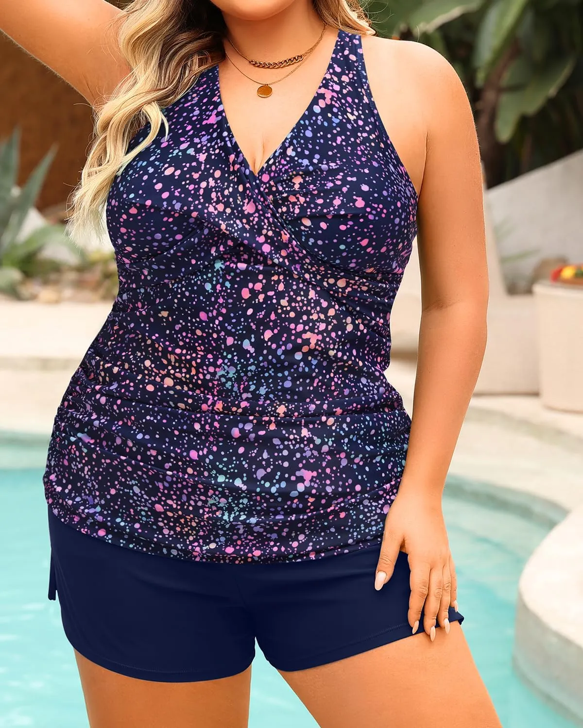 Daci Plus Size Tankini Swimsuit for Women - Two Piece Tummy Control Bathing Suit Tankini Top with Two Pockets Shorts