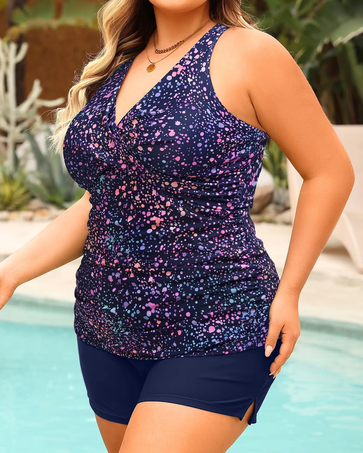 Daci Plus Size Tankini Swimsuit for Women - Two Piece Tummy Control Bathing Suit Tankini Top with Two Pockets Shorts