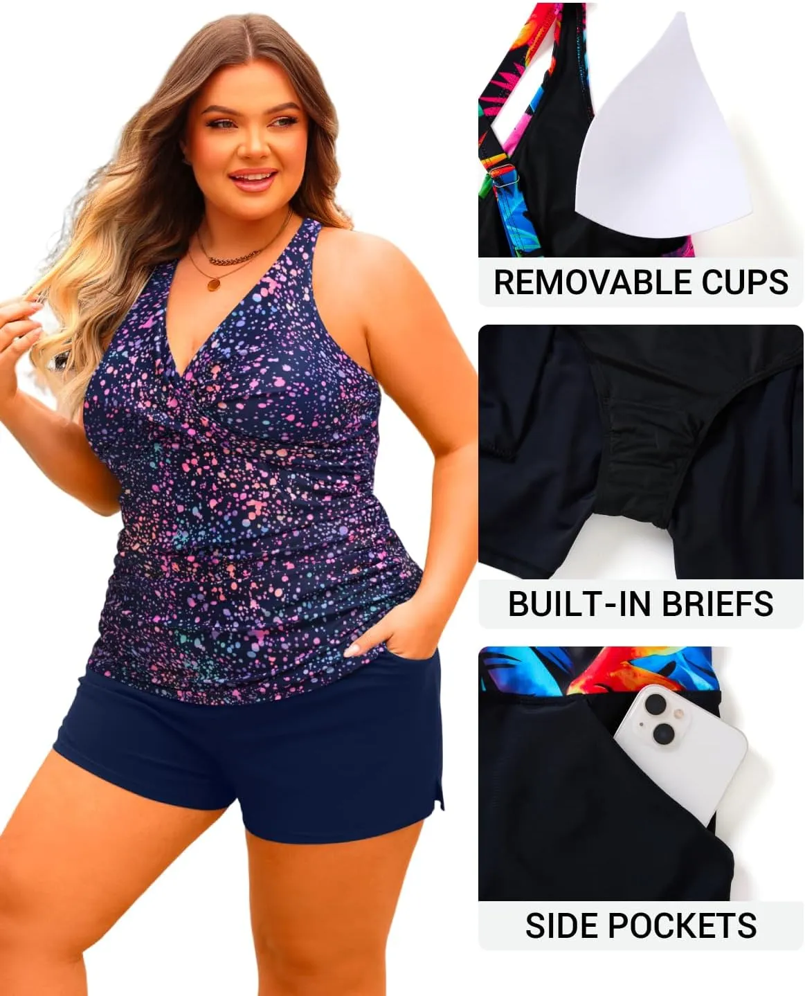 Daci Plus Size Tankini Swimsuit for Women - Two Piece Tummy Control Bathing Suit Tankini Top with Two Pockets Shorts