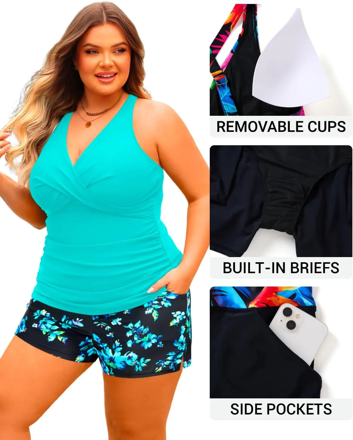 Daci Plus Size Tankini Swimsuit for Women - Two Piece Tummy Control Bathing Suit Tankini Top with Two Pockets Shorts
