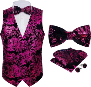 DiBanGu Mens Velvet Vest Set Classic Hot-Stamped Paisley Dress Waistcoat and Bow Tie Pocket Square Cufflinks Prom Party