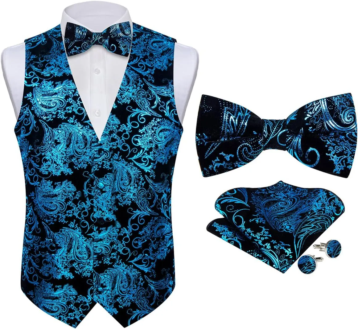 DiBanGu Mens Velvet Vest Set Classic Hot-Stamped Paisley Dress Waistcoat and Bow Tie Pocket Square Cufflinks Prom Party