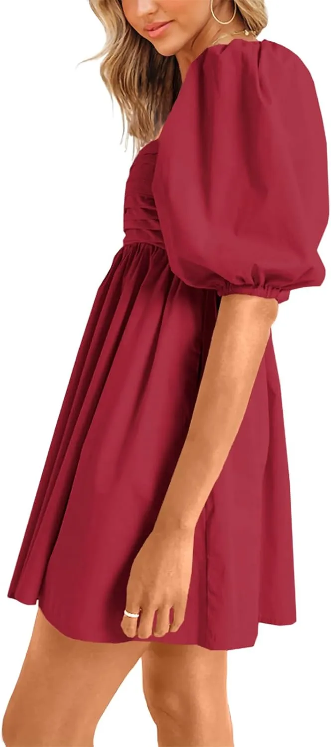 Ebifin Womens Square Neck Dresses Half Puff Sleeve High Waist A-Line Casual Backless Smocked Short Babydoll Mini Dress