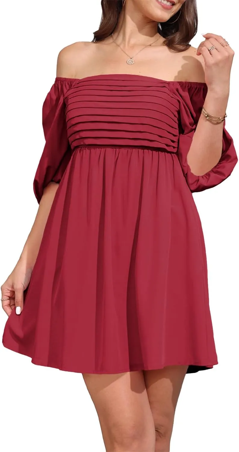 Ebifin Womens Square Neck Dresses Half Puff Sleeve High Waist A-Line Casual Backless Smocked Short Babydoll Mini Dress
