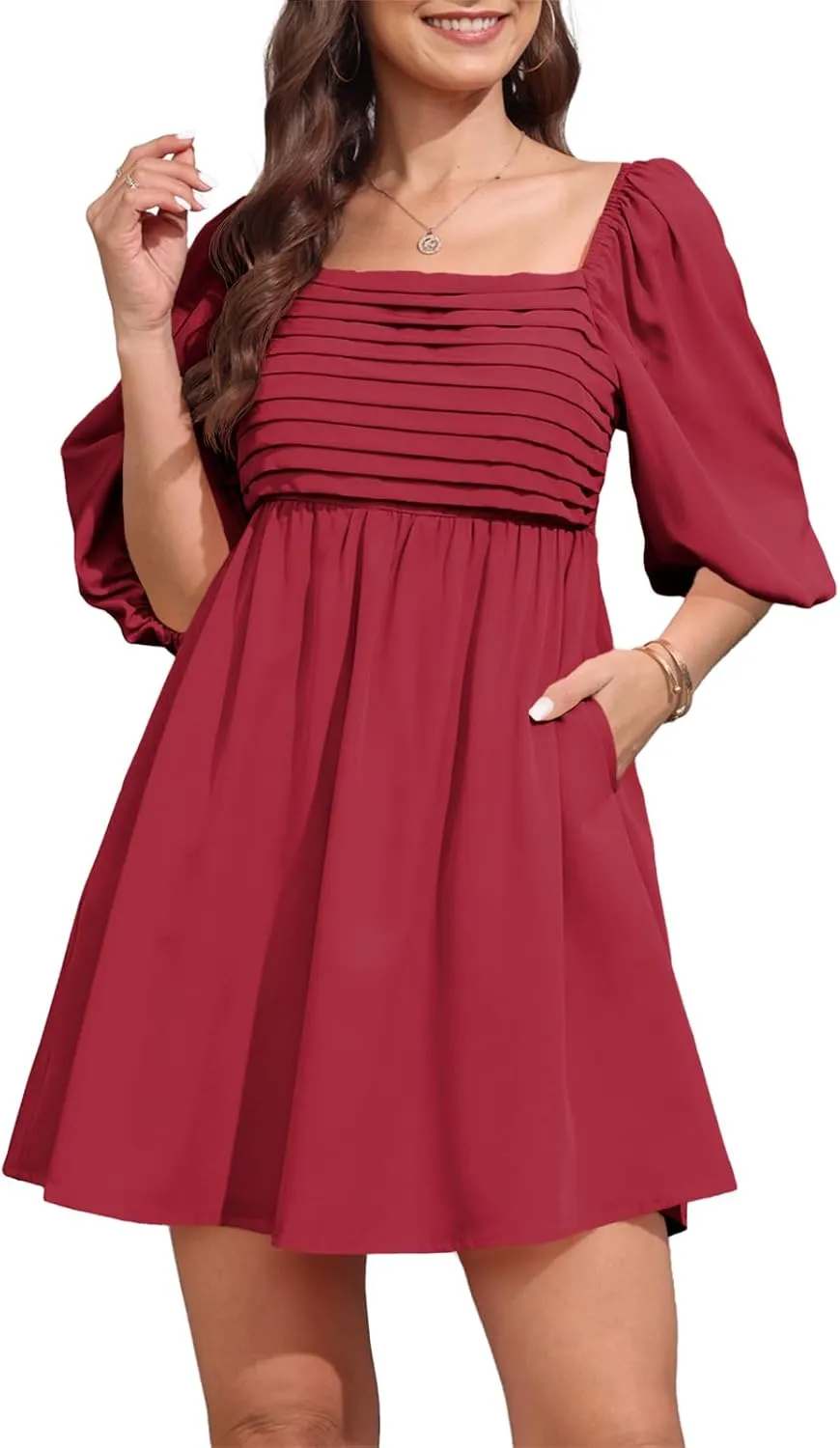 Ebifin Womens Square Neck Dresses Half Puff Sleeve High Waist A-Line Casual Backless Smocked Short Babydoll Mini Dress