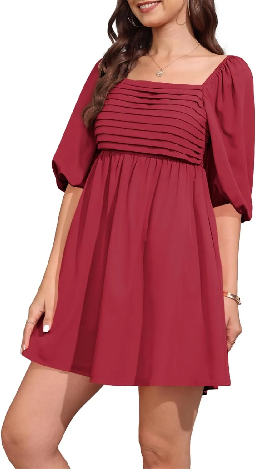 Ebifin Womens Square Neck Dresses Half Puff Sleeve High Waist A-Line Casual Backless Smocked Short Babydoll Mini Dress