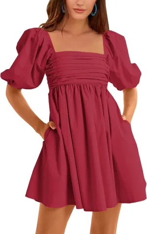 Ebifin Womens Square Neck Dresses Half Puff Sleeve High Waist A-Line Casual Backless Smocked Short Babydoll Mini Dress