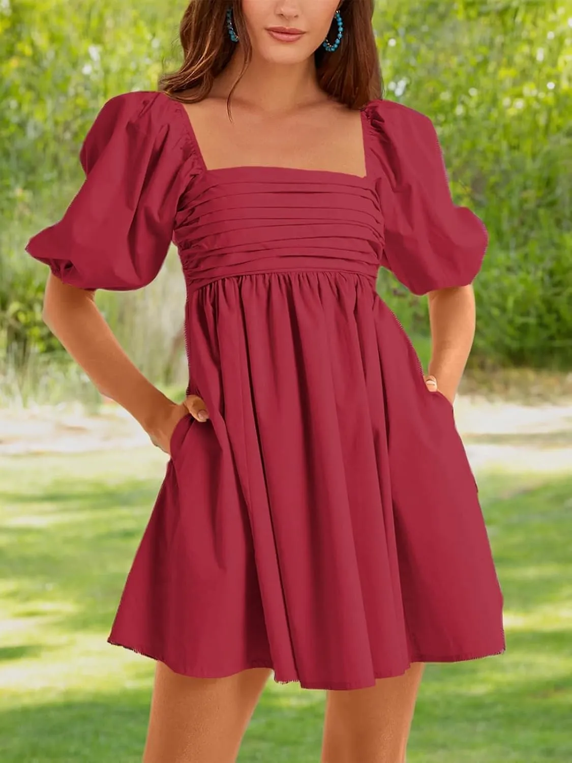 Ebifin Womens Square Neck Dresses Half Puff Sleeve High Waist A-Line Casual Backless Smocked Short Babydoll Mini Dress