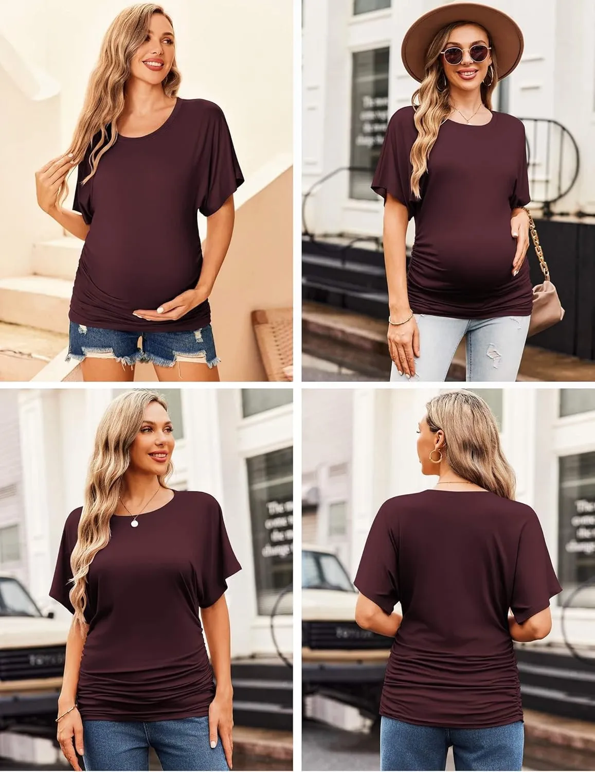 Ekouaer Maternity Shirts 3 Packs Dolman Sleeve Side Ruched Tops Tunic Casual Pregnancy Clothes