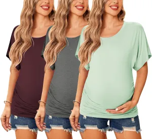 Ekouaer Maternity Shirts 3 Packs Dolman Sleeve Side Ruched Tops Tunic Casual Pregnancy Clothes
