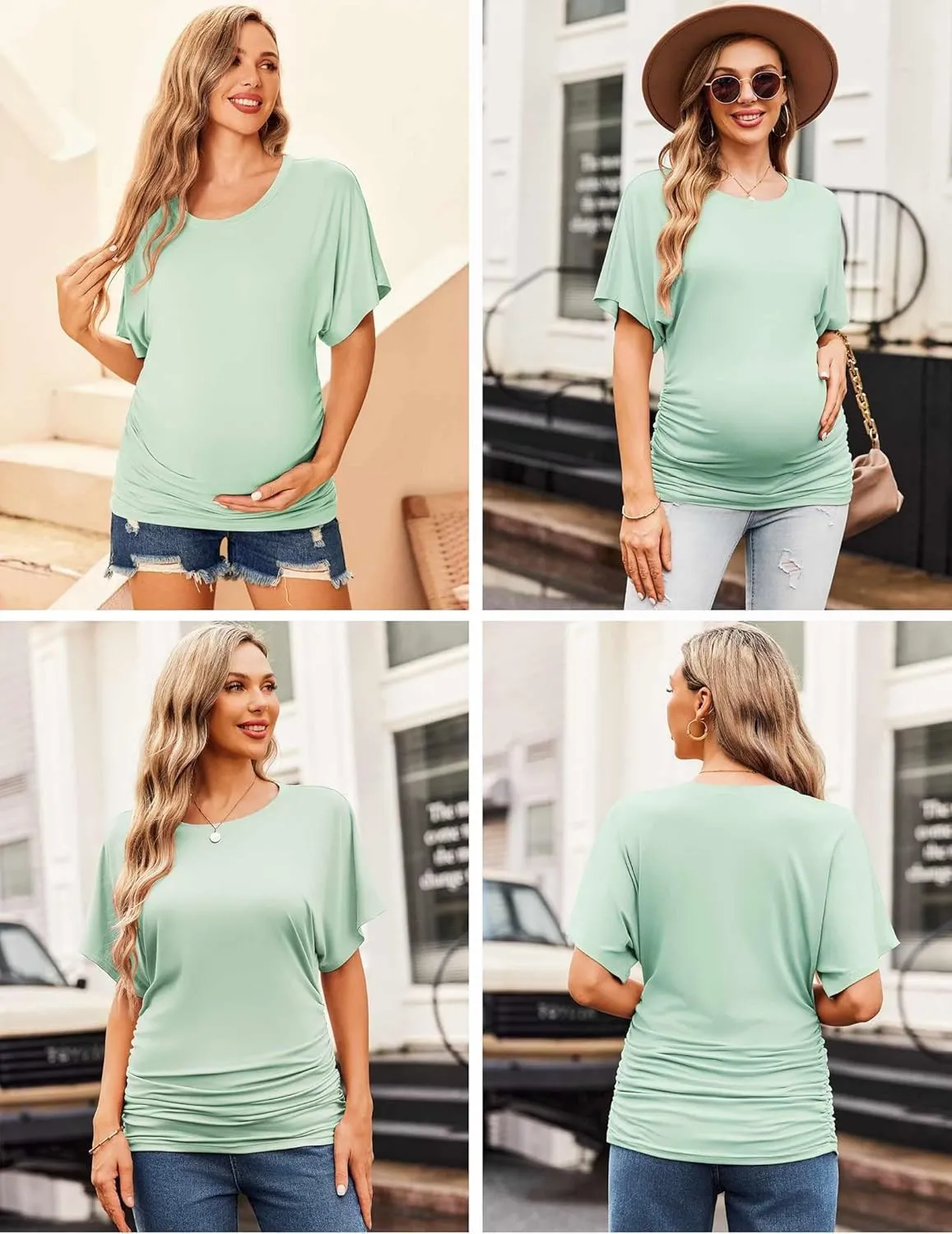 Ekouaer Maternity Shirts 3 Packs Dolman Sleeve Side Ruched Tops Tunic Casual Pregnancy Clothes