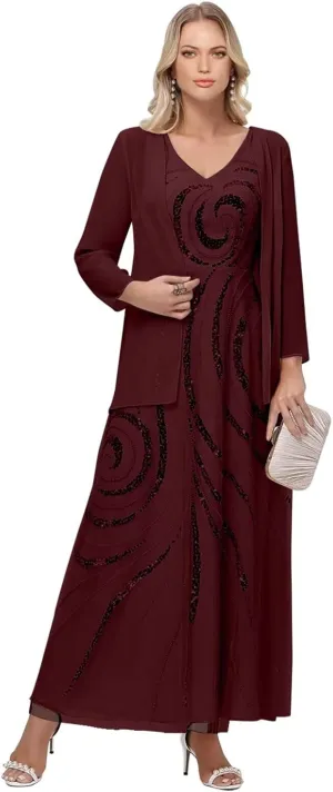 Elegant Chiffon Mother of The Bride Dress Long Sleeve Outfit for Sequin Mother of The Groom with Jacket