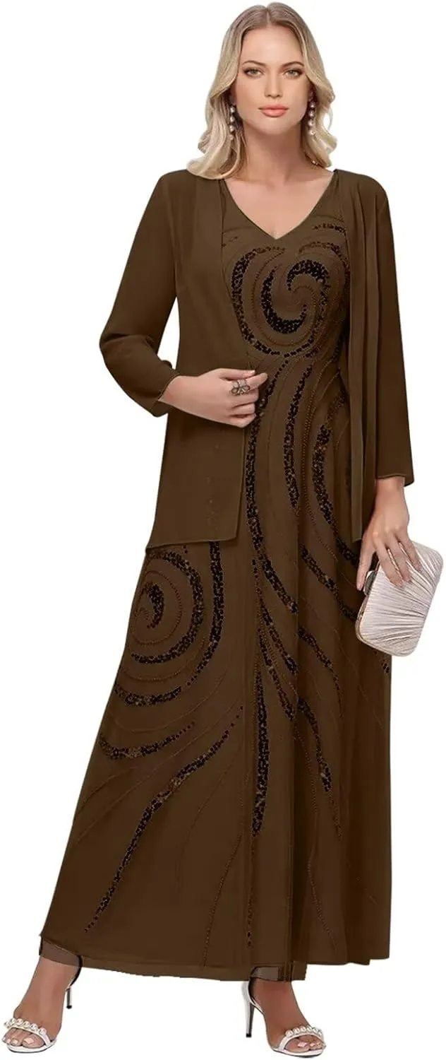 Elegant Chiffon Mother of The Bride Dress Long Sleeve Outfit for Sequin Mother of The Groom with Jacket