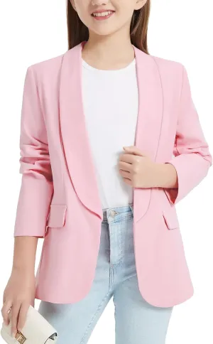 EXARUS Girls Blazer Blazers Suit Jacket Long Sleeve Shawl Collar Formal Open Front Inner Pocket for Kids