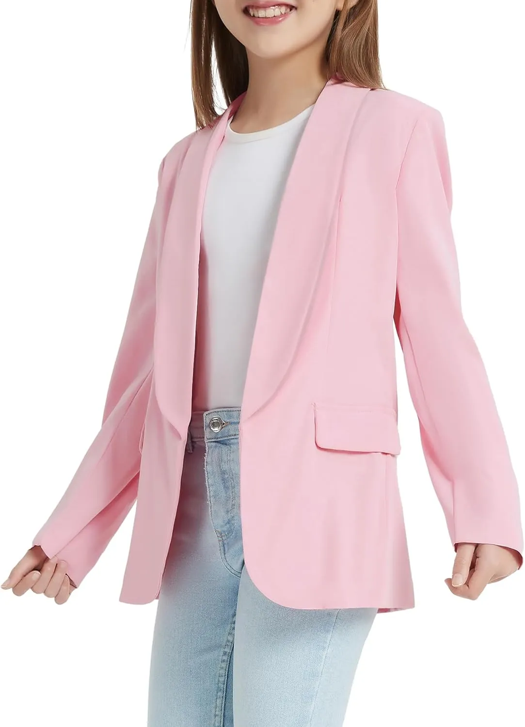 EXARUS Girls Blazer Blazers Suit Jacket Long Sleeve Shawl Collar Formal Open Front Inner Pocket for Kids