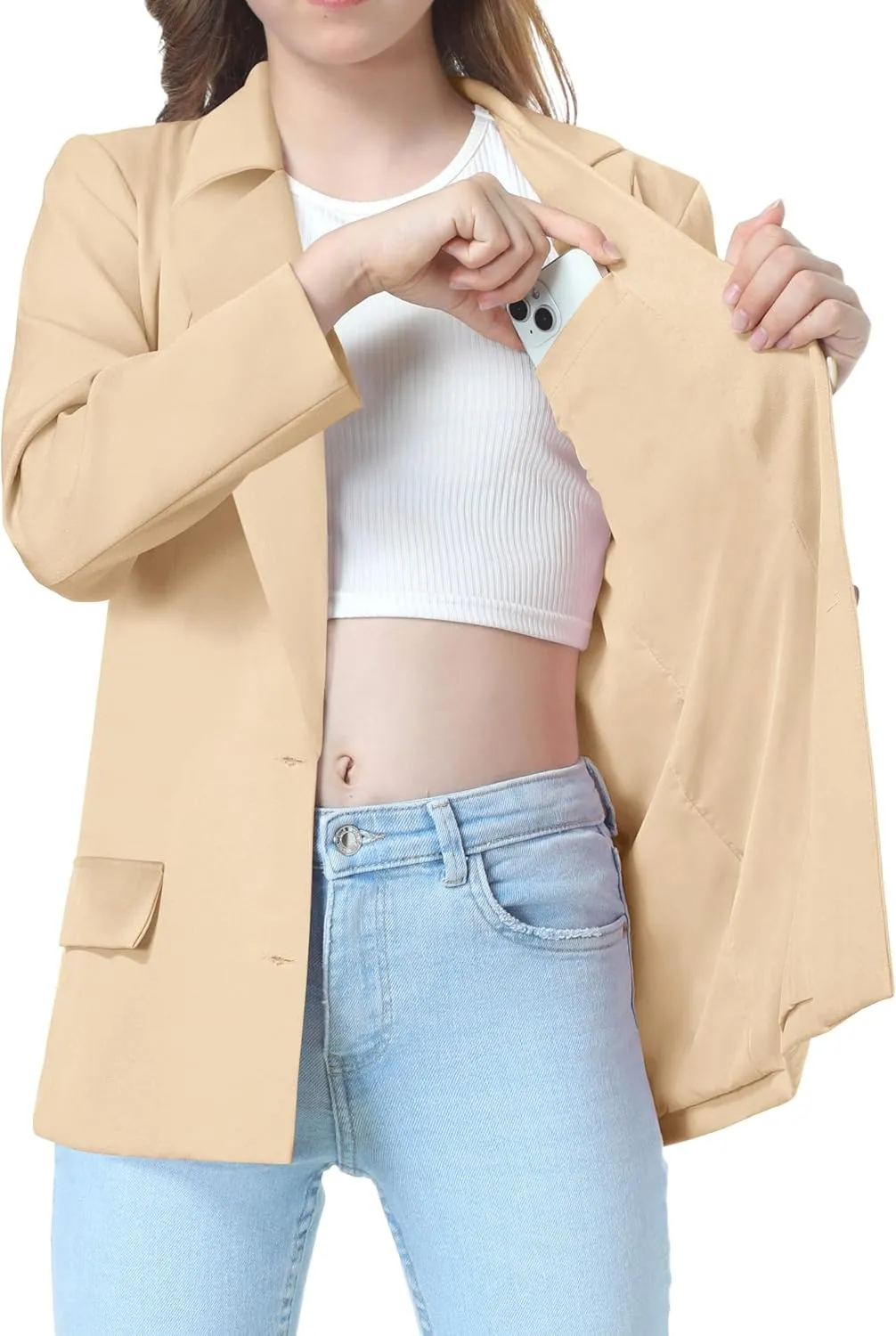 EXARUS Girls Blazer Jacket Long Sleeve Notched Collar/Lapel Collar with Inner Pocket Open Front Casual Kids Blazers Suit