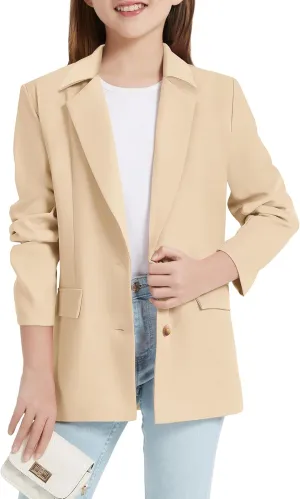 EXARUS Girls Blazer Jacket Long Sleeve Notched Collar/Lapel Collar with Inner Pocket Open Front Casual Kids Blazers Suit