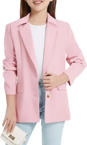 EXARUS Girls Blazer Jacket Long Sleeve Notched Collar/Lapel Collar with Inner Pocket Open Front Casual Kids Blazers Suit